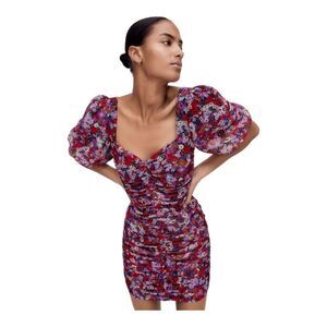 🆕 Zara Puff Sleeve Floral Ruched Mini Dress | XS